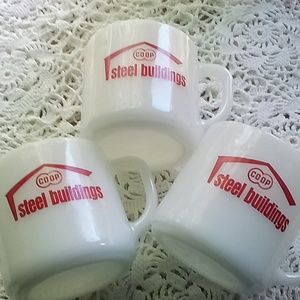 3 Coop steel building Federal  milk glass coffee cups. Cups are 8 ounces